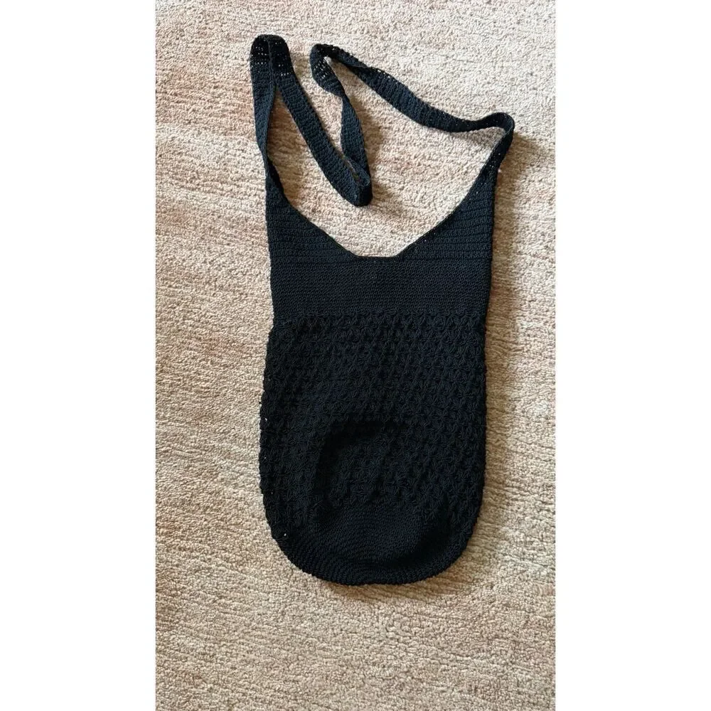 Black Crochet Shoulder Bag with Floral Embroidery